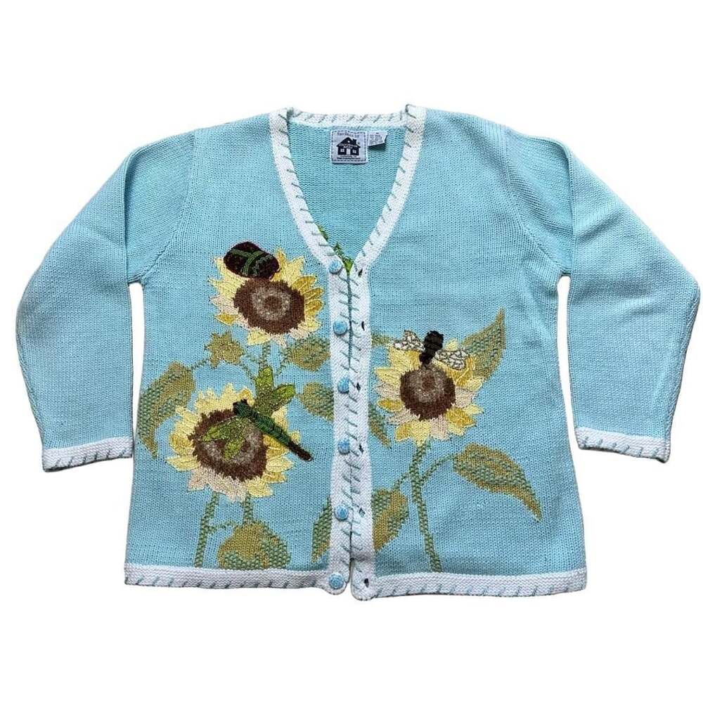 Storybook Knits Cardigan Size M Blue Sunflower Bee Bug Sweater